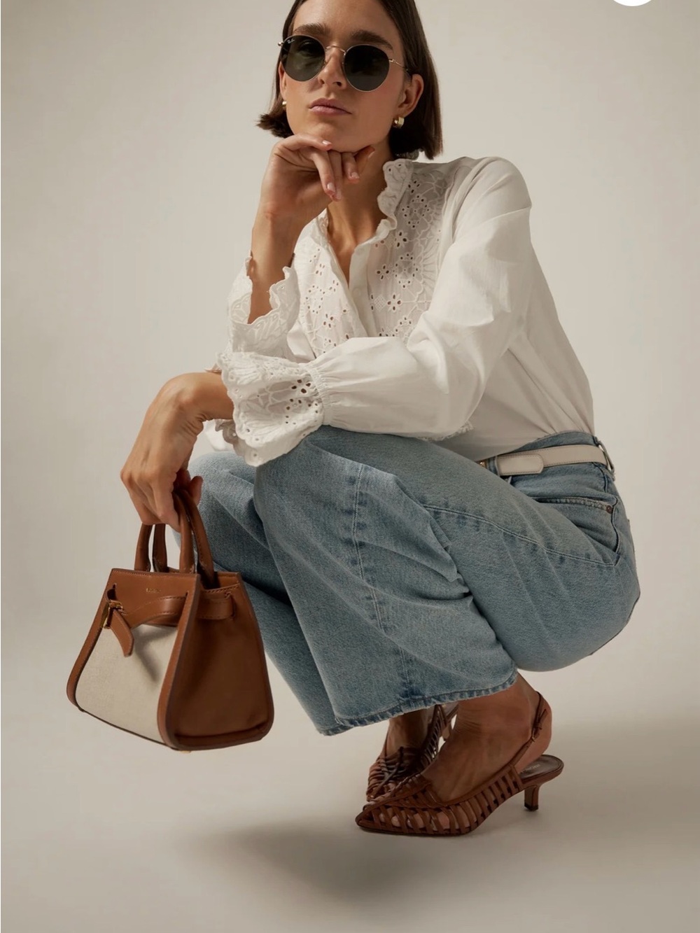 Veronica Beard Tan Leather & Cream Canvas Satchel with Gold Accent - Picture 2 of 10
